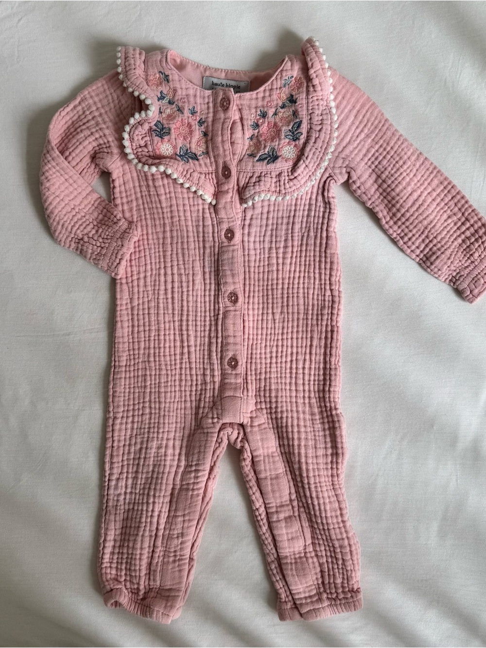 Haute Hippie Pink Embroidered Ruffle Romper Footie Size 6-9mo